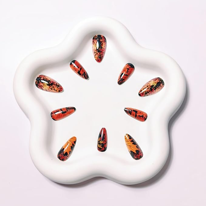 24Pcs Fall Press on Nails Medium Almond Fake Nails Maple Leaf False Nails Autumn Full Cover Acrylic Nail Maple Leaves Glue on Nails Reusable Thanksgiving Artificial Nail Supplies for Women