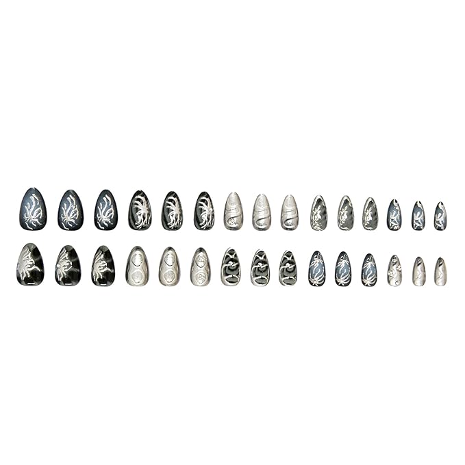 30pcs Goth Press on Nails Medium Almond Fake Nails with Silver Stripes Pearl Designs Dark Stick on Nails Reusable Handmade Nails Black False Nails Silver Full Cover for Women