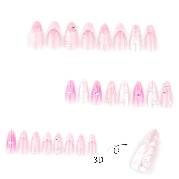 3D Curve Press on Nails 24Pcs French Acrylic Full Cover Fake Nails Tortoise Pattern Gel Glue on Fingernails Glossy Pink Gradient Medium Almond False Nail Stars Stick on Nail for Holiday Manicure Art