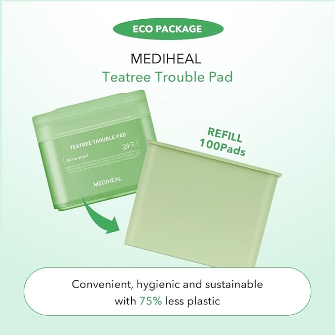 (Only Refill) Mediheal Teatree Trouble Pad (100 Pads) - Cotton Facial Toner Pads for Calm Sensitive & Acne Prone Skin - Vegan Gauze Pad