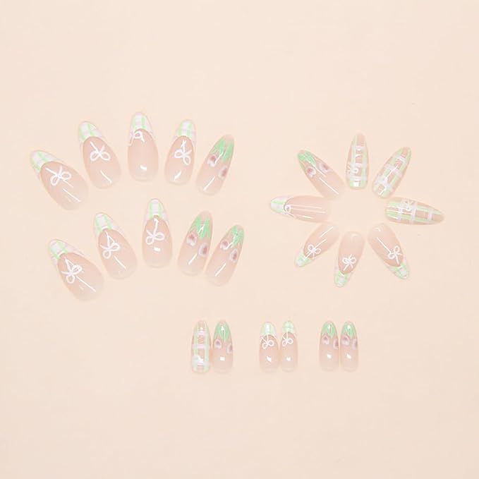 24Pcs French Tip Press On Nails with Weave French Nail Tips Design Medium Almond Acrylic False Nails Tulip Flower Summer Full Cover Glossy Glue on Nails for Women Girls