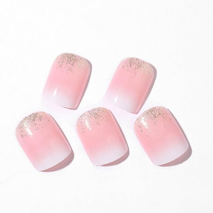 Square Ombre Press on Nails -Soft Gel Press on Nails Short Pink Fake Nails Square Bling Glossy False Nail Tips Artificial Nails for Women and Girls,24pcs