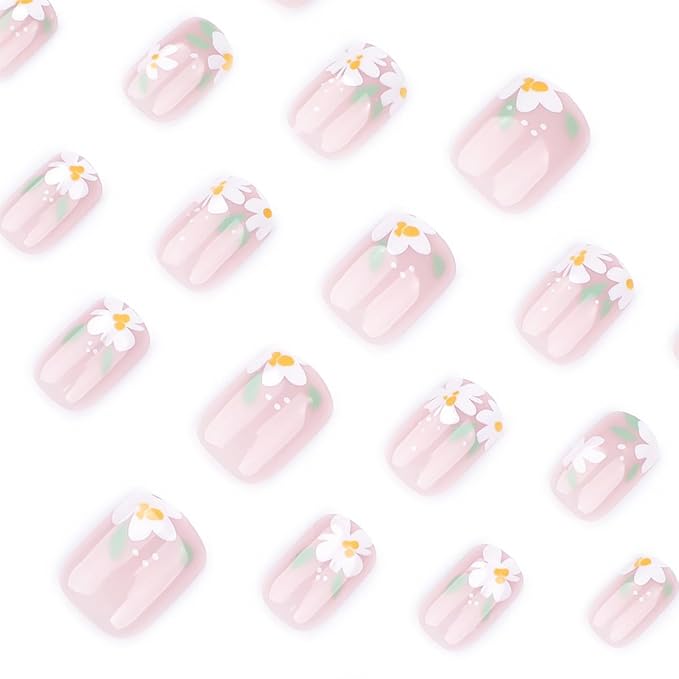 24Pcs Square Flower Fake Nails, Glossy, Full Cover, Acrylic, Press-On False Nails, White, Spring Design, DIY Manicure