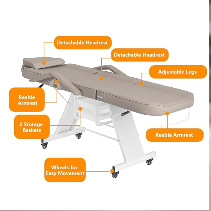 Facial Chair with Wheel Tattoo Bed with Stool for Client Beauty Artist Spa Bed Removable Headrest for Esthetician Gray