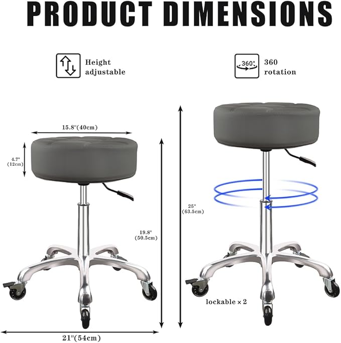 Rolling Stool with Wheels 12cm Ultra Thick Cushion Roller with Heavy Duty Swivel Desk，Adjustable Height Roller Stool for Massage Medical Tattoo Spa(Super Thick Cushion, Grey)