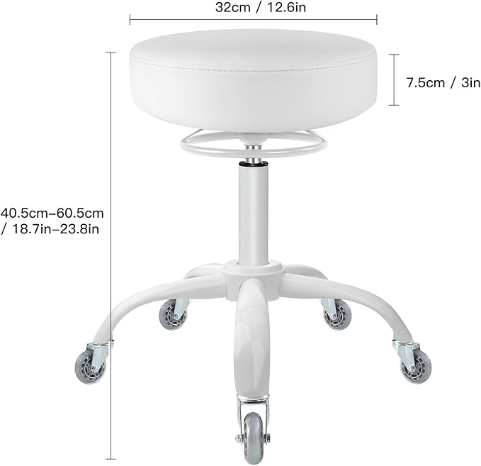Rolling Stool with Wheels 400lbs Weight Capacity,Heavy Duty Lash Chair Adjustable for Tatoo Lab Massage Salon Spa Drafting Nail Teach,360 Swivel,Leather,Thick Seat Padding (Pure White)