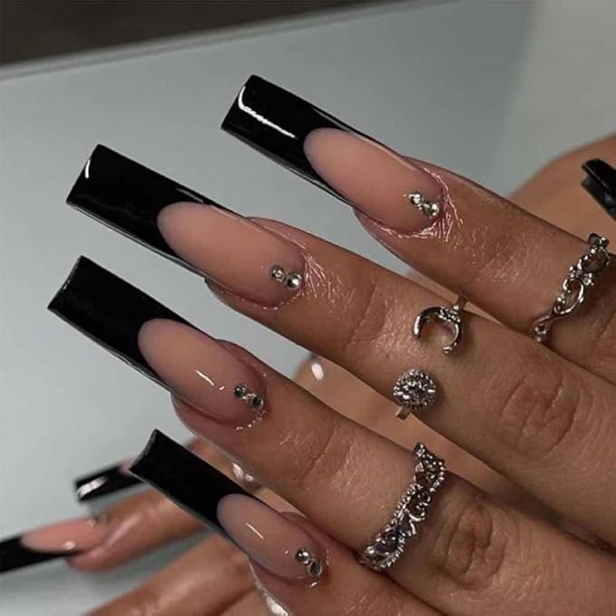Long Press on Nails Black Coffin French Fake Nails Full Cover Nude Acrylic False Rhinestone Nails for Women and Girls 24PCS