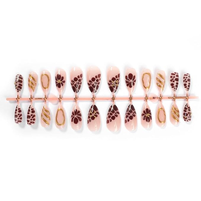 Brown Flower Press on Nails Leopard Fake Nails Medium Almond False Nails with Gold Design Nude Glue on Nails Glossy Artificial Acrylic Full Cover Stick on Nails for Women Manicure 24Pcs