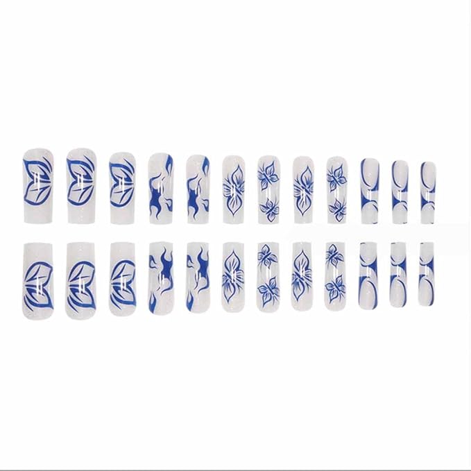 Long Blue Press on Nails Square Fake Nails White Full Cover Butterfly Acrylic False Nails Glossy Nails for Women and Girls-24PCS