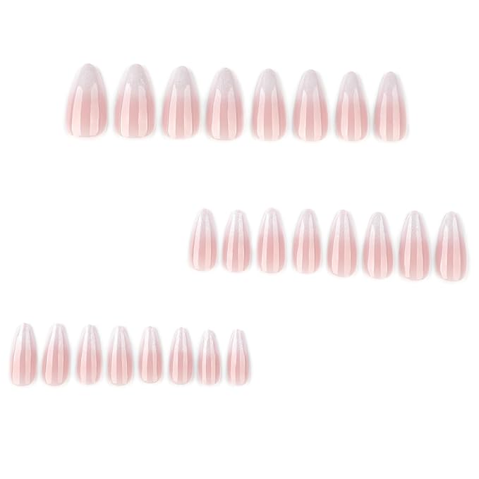 Glitter Nude White Press on Nails Medium Almond Fake Nails Glossy Gradient Acrylic Nails French Press on Nails with Designs Artificial False Nails Full Cover Stick on Nails for Women 24 Pcs