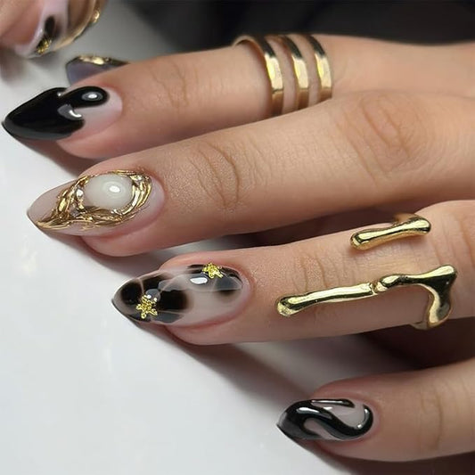 Almond Press on Nails Black Flowers Acrylic Fake Nails 3D Gold Artificial Nails French Tip False Nails Press ons for Women Manicure Decoration 24Pcs