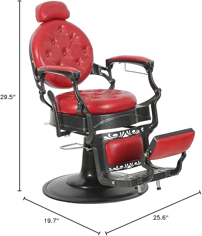 OmySalon Vintage Barber Chair Red All Purpose Heavy Duty, Hydraulic Recline Salon Beauty Styling Chair Retro Red, 360 Degree Swivel for Hair Stylist Tattoo, Round Base, Tufted Button