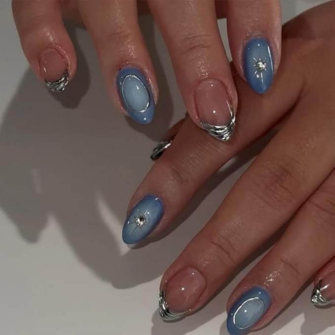 24Pcs Almond Press on Nails Short Fake Nails with Star Designs Gradient Blue Acrylic Nails Silver French Tip Glue on Nails with Rhinestones Metallic Style 3D Nails Press ons False Nails for Women
