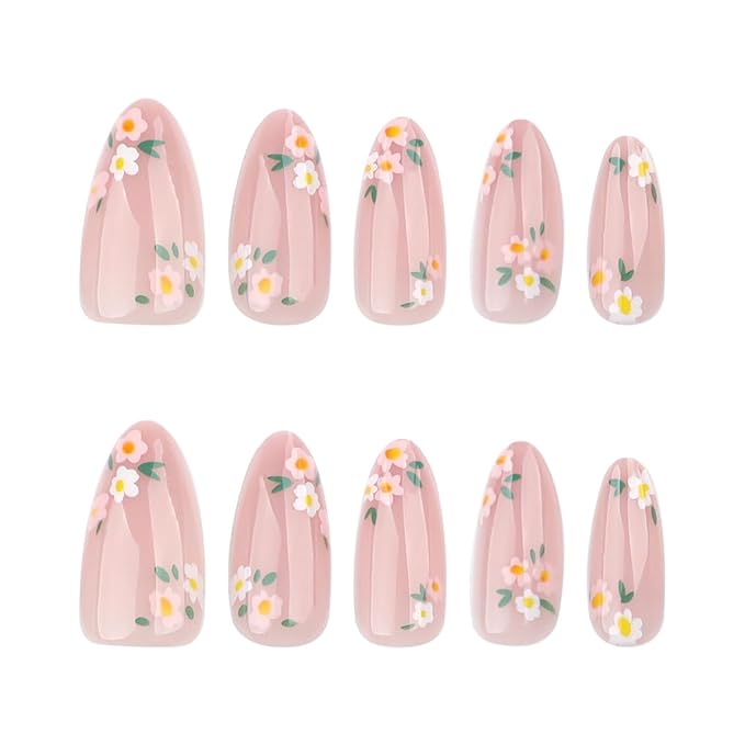 Pink Spring Press on Nails Almond Shape Fake Nails with Small Flower Designs Daisy Floral Artificial Nails Medium Length Spring Summer Glue on Nails Flowers Stick on Nails for Women, 24Pcs