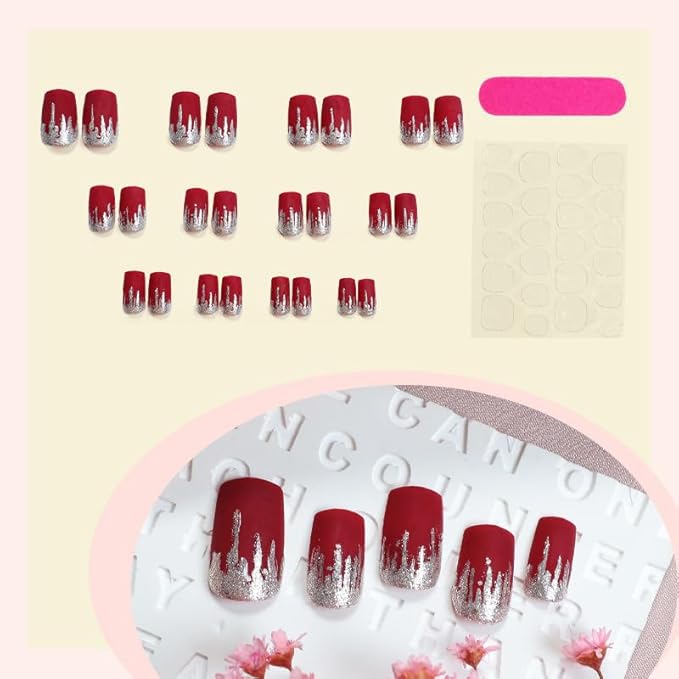 Square Press on Nail Medium Length Red Acrylic Nails with Design Glitter Fake Nails for Women and Girls 24pcs