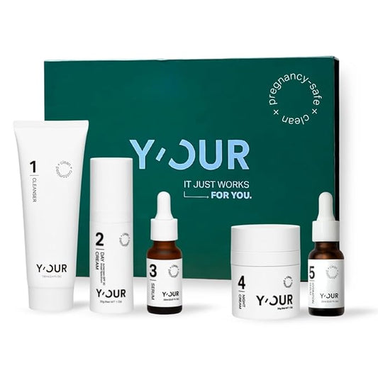 Y'OUR Non-Toxic, Pregnancy-Safe Skincare Set – 5-Step System with Cleanser, Day Cream, Serum, Night Cream & Hydration Serum – Soothing & Rejuvenating – Gentle and Non-Comedogenic Formula. Holiday Gift