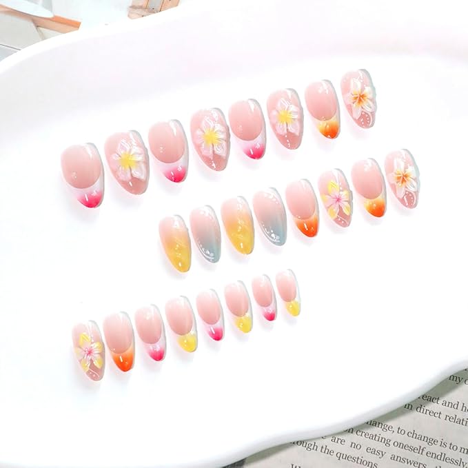 24Pcs 3D Flower Handmade Press on Nails Almond Fake Nails Colorful French Tip False Nails with Flower Charms Bright Colors Short Nails Press ons Acrylic Nail Tips for Women DIY Flowers Nail Art
