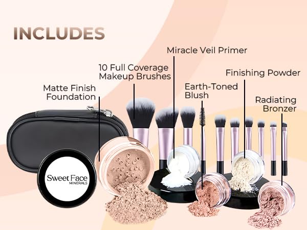 16pc Beginner Mineral Makeup STARTER KIT with 10 BRUSHES (5gm)Sample Size Foundation, Primer, Blush, Bronzer, Setting Powder for Learning, Occasional Use & First Time Users, Travel Size Kit(Light Tan)