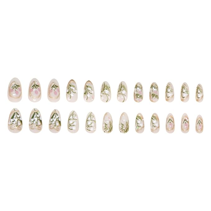 24Pcs Green Press on Nails Medium Almond Fake Nails White Pink Flower with Pearl Rhinestones Designs Full Cover Gold French Tip Nails Bow Stick on Nails Handmade False Nails for Women Acrylic Nails