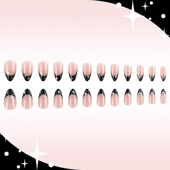 24Pcs Star Press on Nails Medium Almond Fake Nails Black French Tip False Nails with Round Silver Rhinestones Design Full Cover Glue on Nails Nude Artificial Nails Glitter Stick on Nails for Women DIY