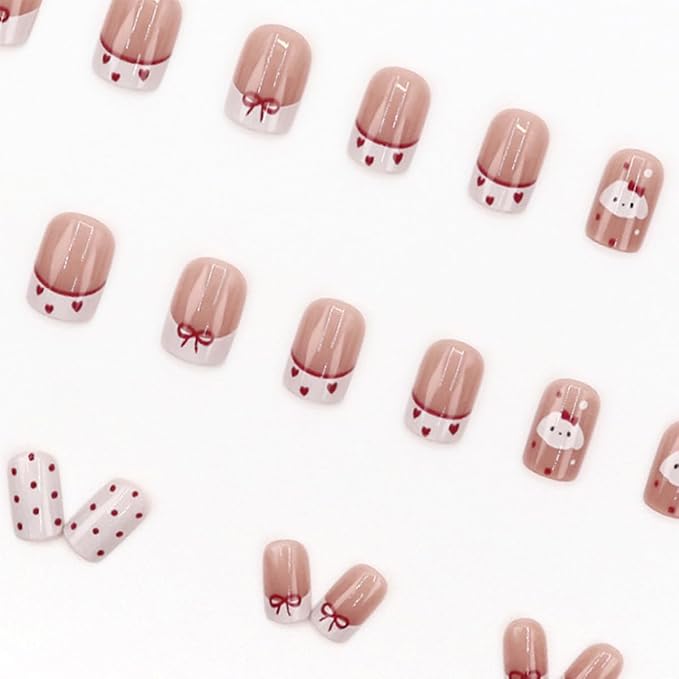French Tip Press on Nails Short Square Fake Nails Glossy White Tie Bow False Nails Cute Acrylic Glue on Nails Heart False Nails Reusable Stick on Nails for Women Girls Nail Art Kit 24pcs