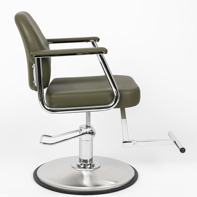 Zaria Wide Salon Styling Chair, Round Chrome 360° Swivel Hydraulic | Minerva Beauty (Olive Green)
