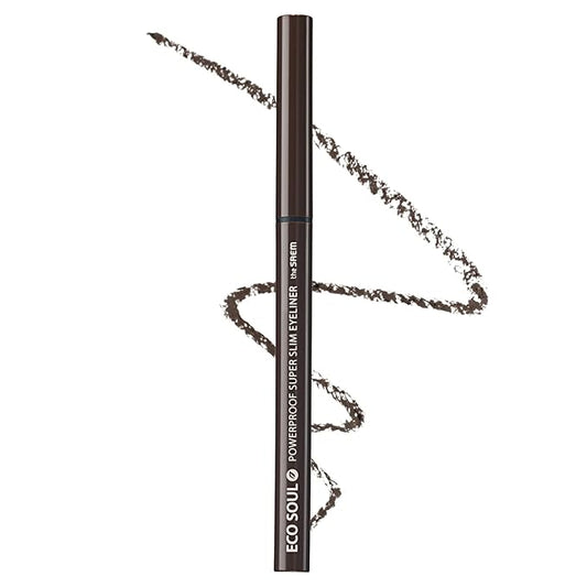 THESAEM Eco Soul Powerproof Super Slim Eyeliner - Smudge Proof Gel Eyeliner - Micro Precision Tip (2mm) - Highly Pigmented & Long-lasting Eye Makeup Glides on Smoothly, 0.1g (BR01 Thrill Brown)