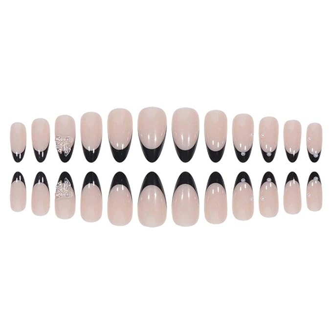 Press on Nails Medium Pearl Black Fake Nails Almond Glossy 3D False Nail Tips French Artificial Nails Finger Manicure for Women and Girls,24pcs