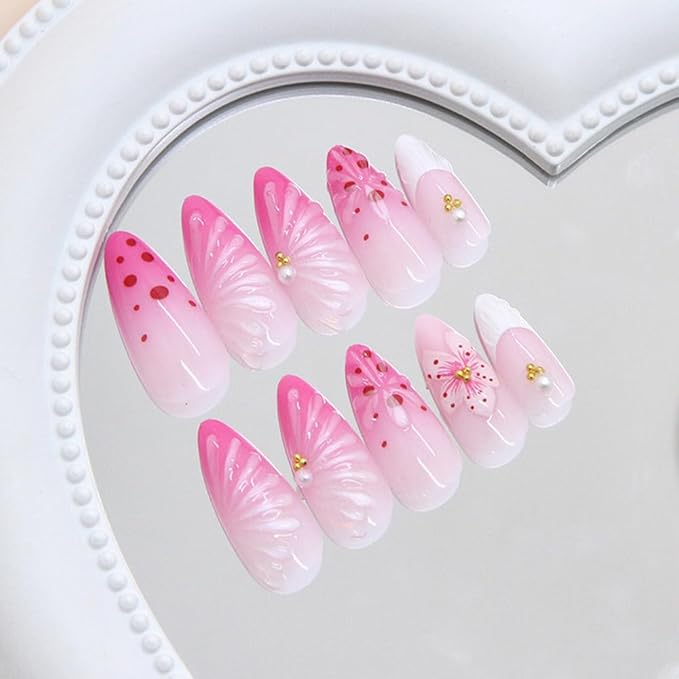 Rose Pink Gradient Press on Nails Medium Almond Shaped Fake Nails with 3D Flowers Striped Polka Dot Designs Glossy Full Cover Stick on Nails French Tip Acrylic Nails for Women DIY Manicuare 24 Pcs