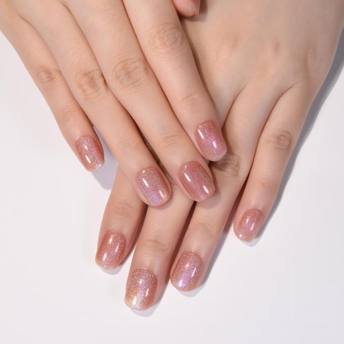 evpct Ndue Pink Cat Eye Short Press on Nails Square, Short Square Glue on Nails for Women Gift, Iridescent Colorful Metallic Glitter Glossy Reusable Stick Gel Press on Acrylic Fake Nail with Design