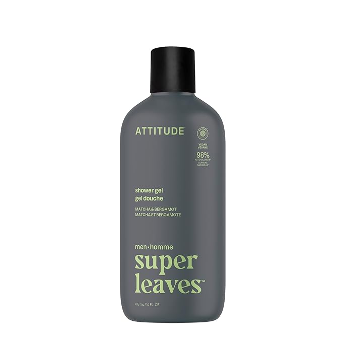 ATTITUDE Shower Gel Body Wash for Men, 98% Natural Origin Ingredients, Paraben & Phthalate Free, EWG Verified, Cleanses Without Drying, Matcha & Bergamot, 14 Fl Oz