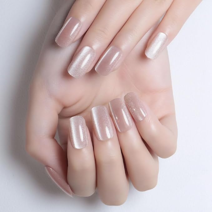 Light Nude Cat Eye Press on Nails Medium Square, Medium Square Press Glue on Nails Chrome for Women Gift, Nude Holographic Glitter Glossy Reusable Soft Gel Acrylic Fake Nail with Designs Cateye Effect
