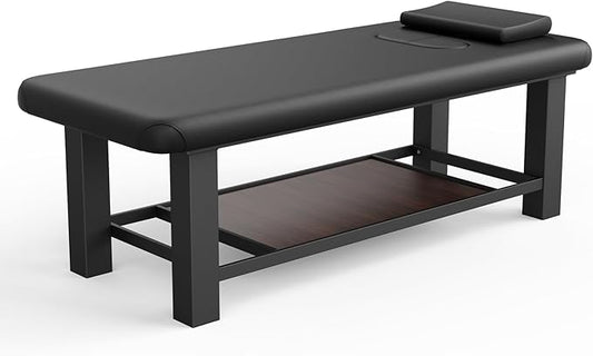 Metal Frame Heavy Duty Stationary Massage Table with Open-Chest & Headrest for Treatment Table, Physical Therapy Table, Spa Facial Professional Massage Bed, Black Leather 31.5'' W x 75.5'' L, 700LBS