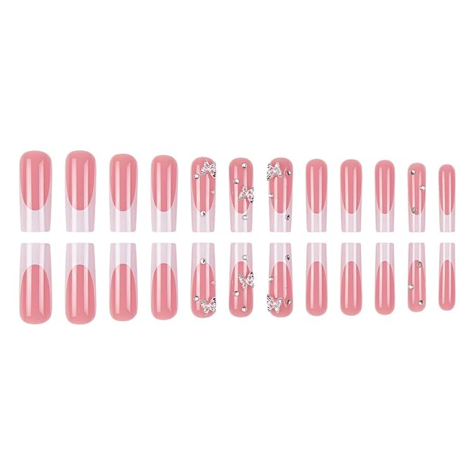 Square Press on Nails French Tip Fake Nails Square False Nails White Artificial Nails with Butterfly Designs Stick on Nails for Women 24pcs