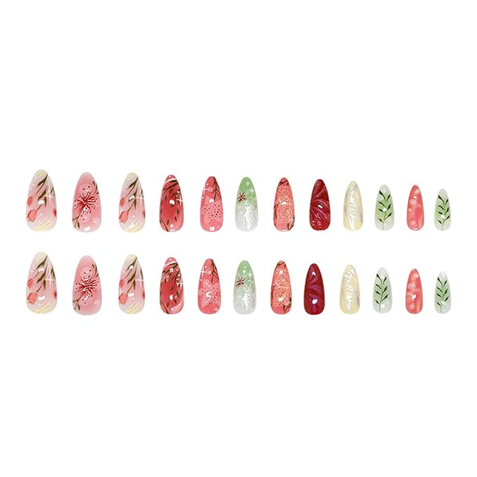 24pcs Colorful Flowers Press on Nails Medium Almond Fake Nails Art Summer False Nails with Flower Butterfly Design Almond Nails Glossy Full Cover Acrylic Artificial Nail Fingernails for Women