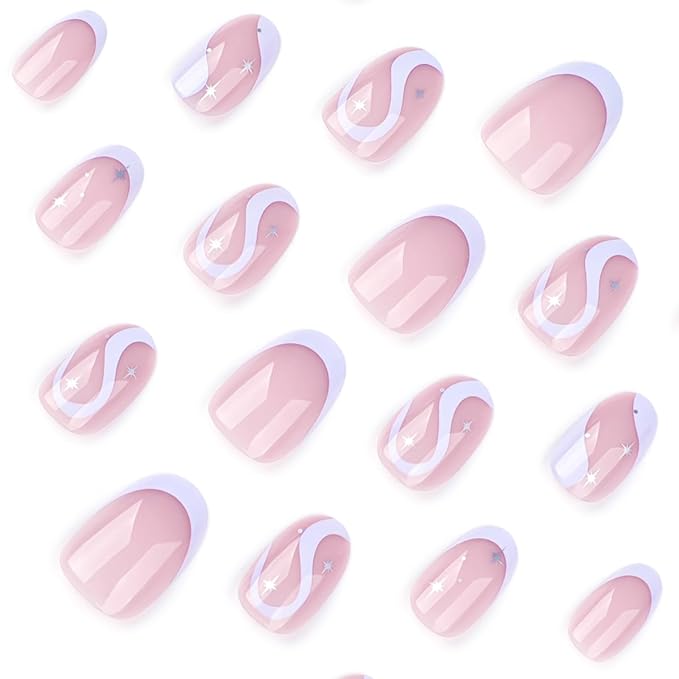 Short Press on Nails Almond French Purple Blue False Nails ilver Star Pattern Full Cover Artificial Stick on Nail Reusable Acrylic Nails Glue on Nails for Women Manicure Kit 24Pcs