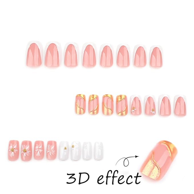 Gold Press on Nails White French Tip Fake Nails Medium Square False Nails with 3D Pearl Designs Embossed Flower Acrylic Nails Reusable Artificial Stick on Nails for Women Girls Manicure Salon 24Pcs