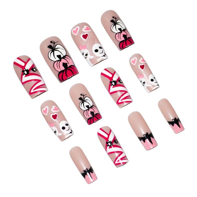 24Pcs Halloween Press on Nails Medium Length Square Fake Nails Pink White Cute Ghost Pumpkin Bat Designs Glossy Full Cover Stick on Nails French Tip False Nails for Women Acrylic Nail Decorations