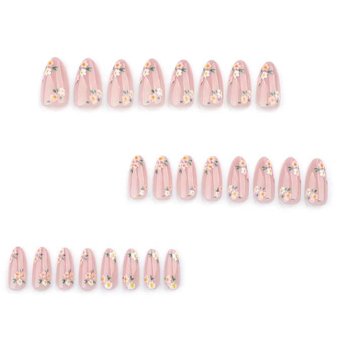 Pink Spring Press on Nails Almond Shape Fake Nails with Small Flower Designs Daisy Floral Artificial Nails Medium Length Spring Summer Glue on Nails Flowers Stick on Nails for Women, 24Pcs