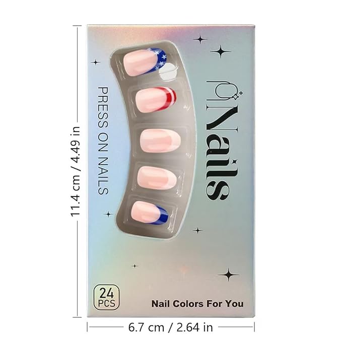 Independence Day Press on Nails French Tip Fake Nails Short Almond False Nails with Star Design Glossy Glue on Nails Artificial Acrylic Full Cover Nude Stick on Nails for Women Girls Manicure 24Pcs