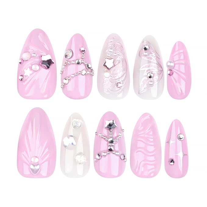 24Pcs Pink Press on Nails Medium Almond Fake Nails Silver Butterfly with Star Rhinestones Design Glitter Full Cover Artificial Glue on Nails Spring Summer False Nails Cute Stick on Nails for Women DIY