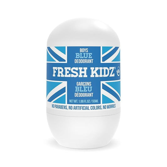 Fresh Kidz Roll On Deodorant for Kids and Teens - Baking Soda and Aluminum-free 24 Hour Protection for Sensitive Skin - Boys "Blue" 1.86 fl.oz.