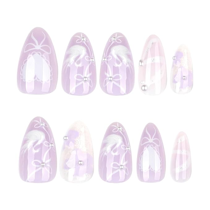 24Pcs Almond Press on Nails Medium Light Purple Fake Nails with Pearls Charms 3D Swan Ribbon Heart Luxury Nail Design Cute Bow False Nails Glossy Reusable Acrylic Glue on Nails for Women