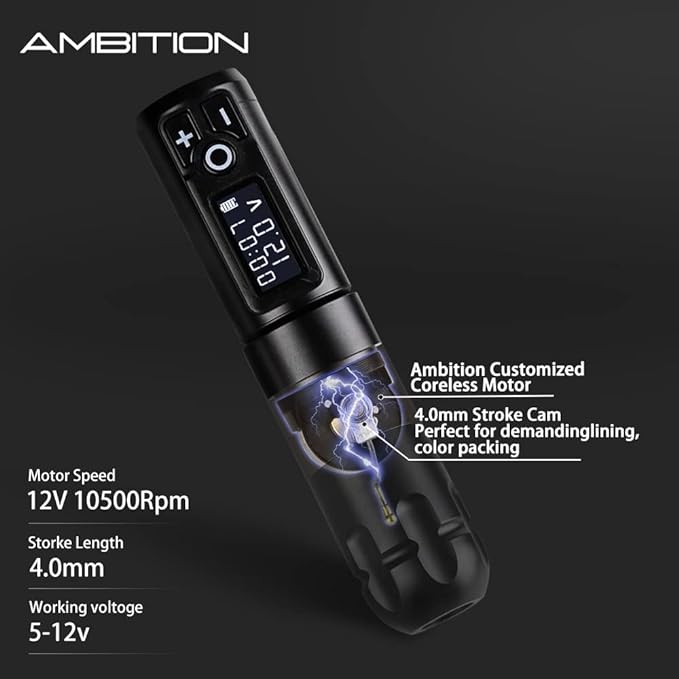 Ambition Soldier Rotary Battery Pen Tattoo Cartridge Machine with 2400mAh Wireless Power Japan Coreless Motor Digital LED Display Tattoo Equipment Supply for Professionals and Beginners Tattoo Artists