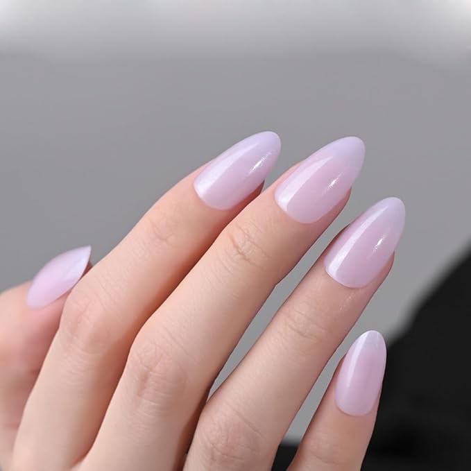 evpct Press on Nails Almond Short, Light Violet Glitter Shimmer Shiny Short Almond Fake Nails for Women Gift, Soft Gel Press Glue On Nails with Nail Glue, 30Pcs Reusable Acrylic Fake Nail Manicure Kit