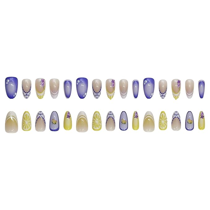 30Pcs Summer Press on Nails Almond Medium Fake Nails with Lemon Flower French Design False Nail Tip 3D Pearl Charms Stick on Nails Full Cover Artificial Glue on Nails for Women DIY Manicure Daily Wear