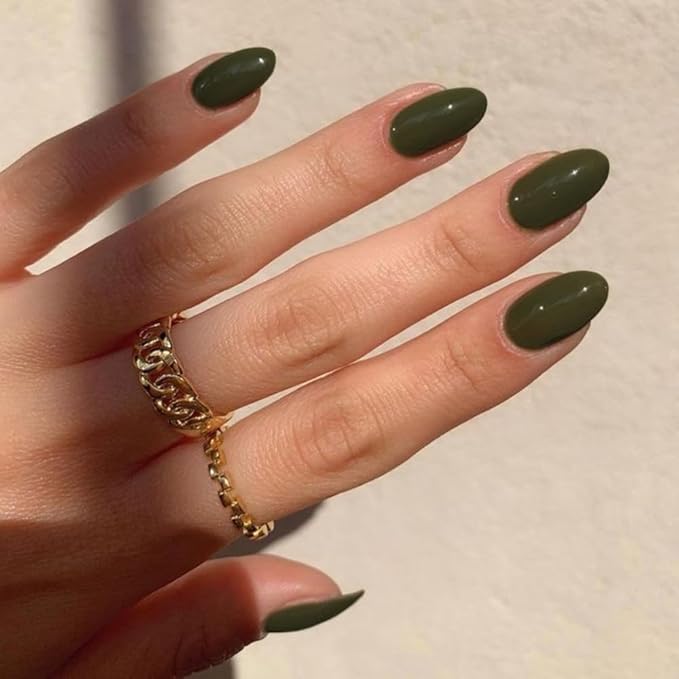 Olive Green Press on Nails Short Almond Shape, Thick Solid Color Glue on False Nails, Medium Oval Round Shaped for Women, 24Pcs Natural Acrylic Gel