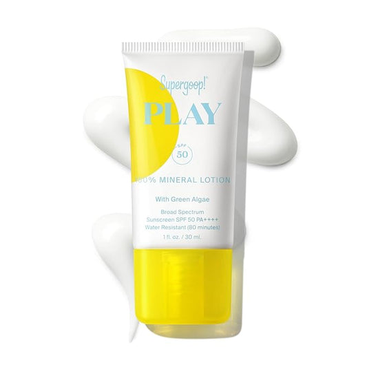 Supergoop! PLAY 100% Mineral Lotion - 1 fl oz - Broad Spectrum SPF 50 Sunscreen for Face & Body - Lightweight, Fast Absorbing + Water-Resistant - With Green Algae