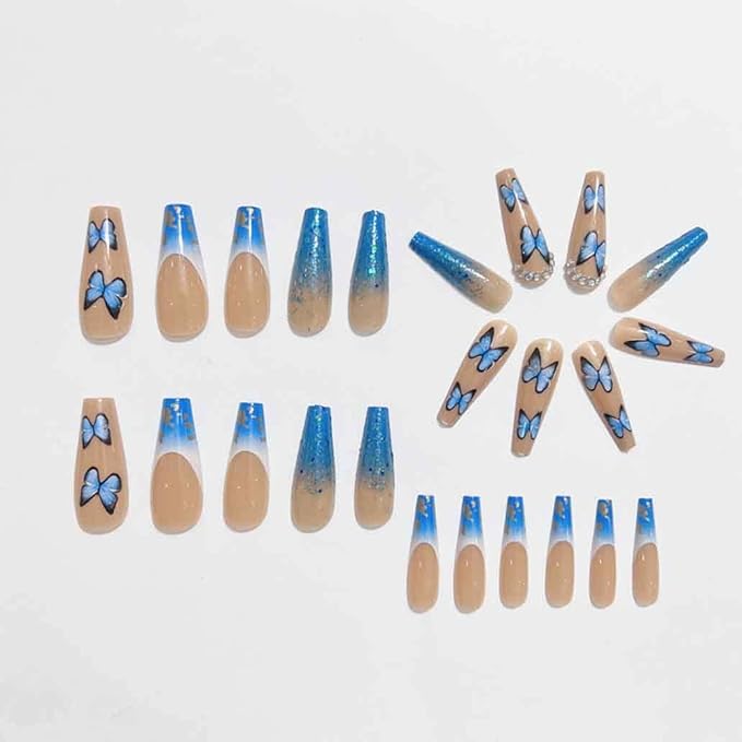 Artificail Extra Long Press on Rhinestone Nails Butterfly Fake Nails with Sequins Glitter Acrylic Blue Full Cover Fake Nails with Design Nail Tips for Women&Girls, 24PCS