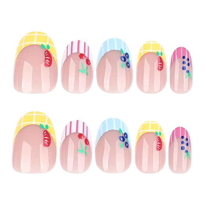 Colorful French Tip Press on Nails Short Nails Press on Cartoon Fruit Fake Nails with Blueberries Grape Design Full Cover Almond False Nail Reusable Cherry Acrylic Nail for Women Manicure 24Pcs